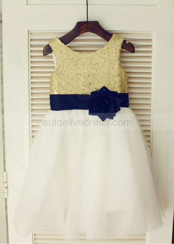 Gold Sequin Ivory Tulle With Navy Blue Flower Sash Knee Length Flower Girl Dress